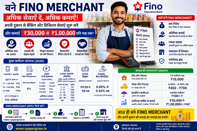 FINO Merchant Commission 2026 ₹30,000-₹1 Lakh Earning Vyapar Grow